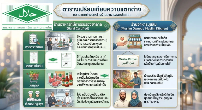 ร้านอาหารที่มีการรับรองฮาลาล กับร้านอาหารมุสลิมแตกต่างกันอย่างไร