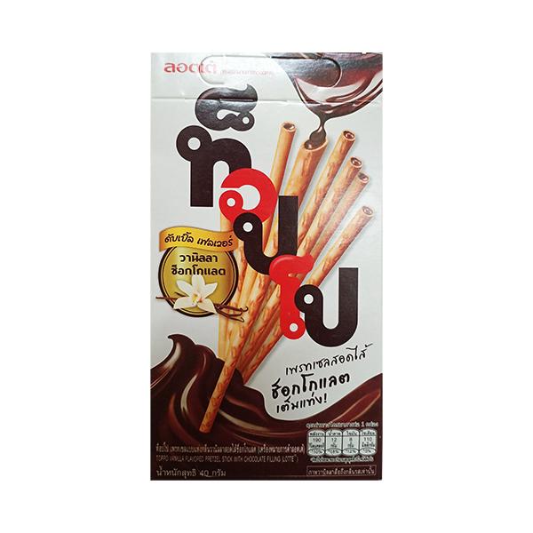 TOPPO VANILLA FLAVORED PRETZEL STICK WITH COMPOUND CHOCOLATE FILLING