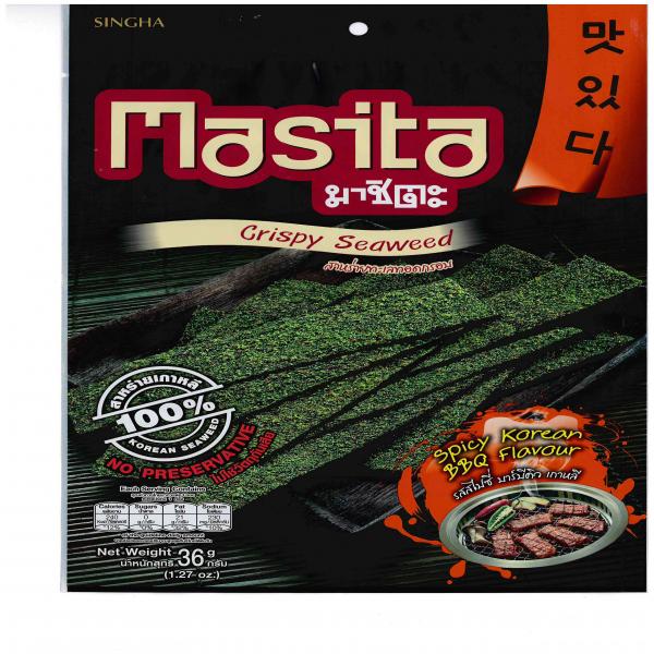 สาหร่ายทะเลทอดกรอบ รสสไปซี่ บาร์บีคิว เกาหลี (ขนาด 14 ,36 กรัม) (Export)