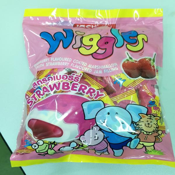 STRAWBERRY FLAVORED COATED MARSHMALLOW WITH STRAWBERRY FLAVOURED JAM FILLING