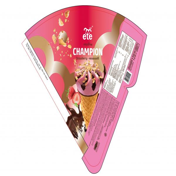 Strawberry flavoured ice cream topped with chocolate sauce and bread sprinkles in cone