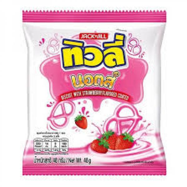 Biscuit with strawberry flavored coated