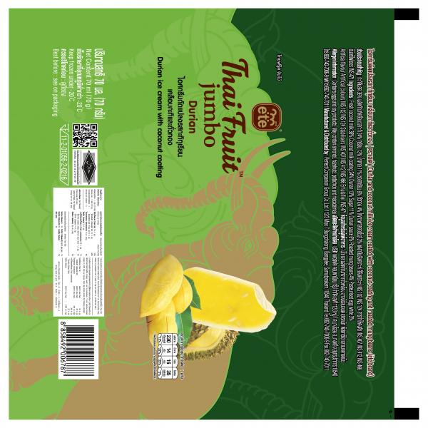 Durian and coconut milk ice cream coated with coconut milk coating and roasted mung beans