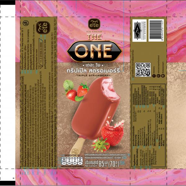 Strawberry flavoured ice cream with strawberry flavoured sauce coated with strawberry flavoured coating